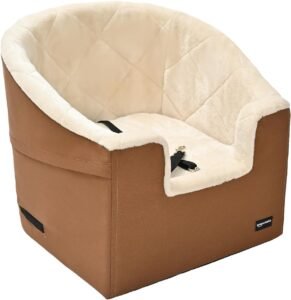  Pet Car Booster Bucket Seat for Small Pets up to 25lbs, Machine Washable Cover, Clip-On Safety Leash, 18" x 18" x 16", Tan