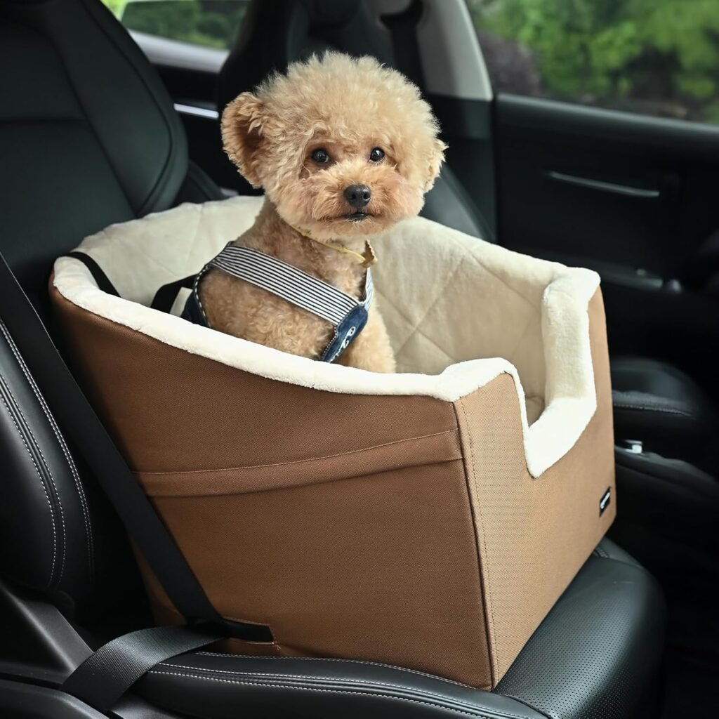 Pet Car Booster Bucket Seat for Small Pets up to 25lbs, Machine Washable Cover, Clip-On Safety Leash, 18" x 18" x 16", Tan 1 81nGN6vSSfL. AC SL1500 MopGun
